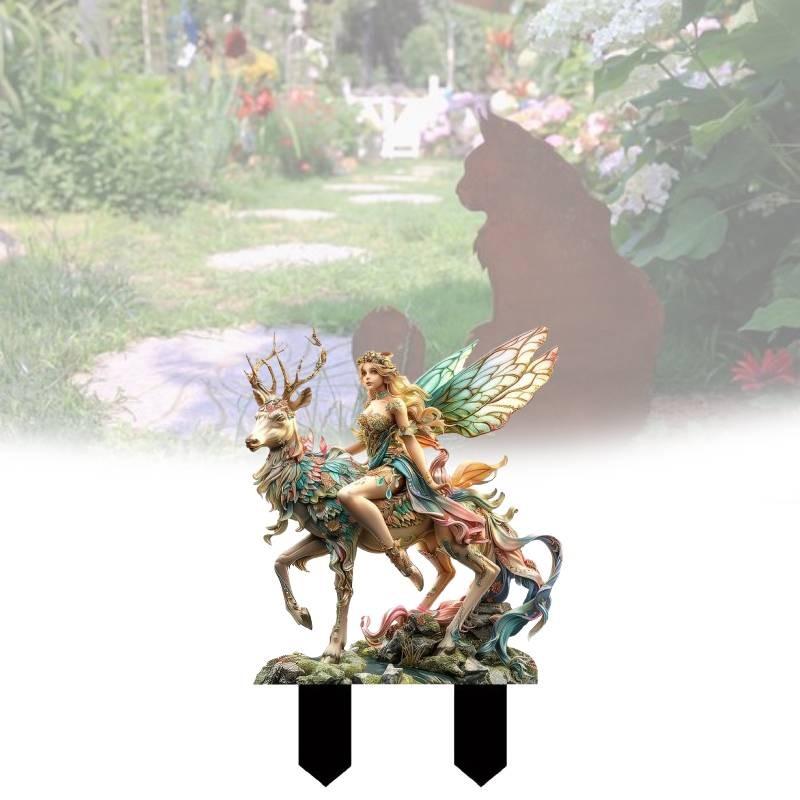 Vibrant Green Magical Deer And Forest Fairy Garden Acrylic Stake Sign Perfect For Unique Gifting