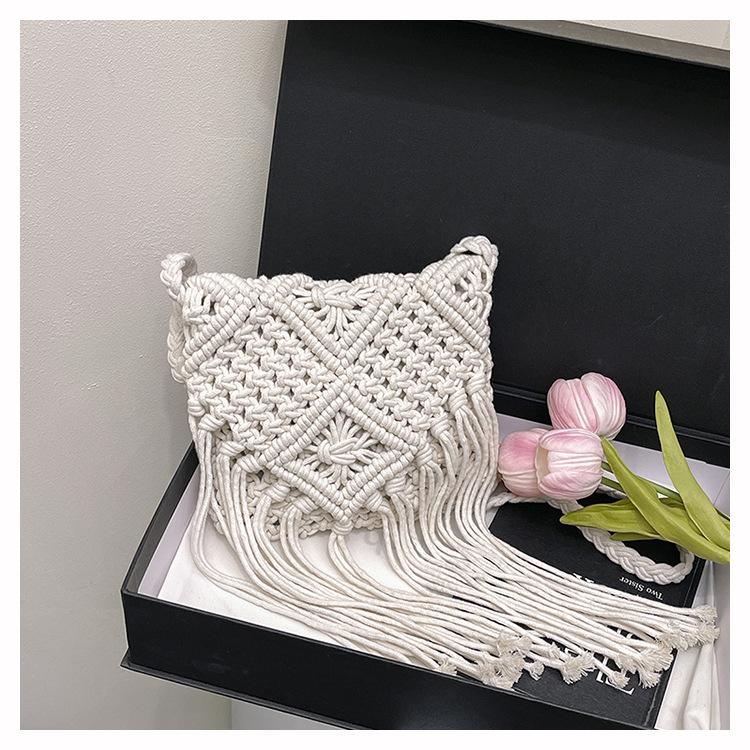 

Женская сумка-мессенджер ручной работы, вязаная сумка из хлопковой нити, бахрома, пляжная сумка, плетеная сумка, соломенная сумка через плечо покинуть белый