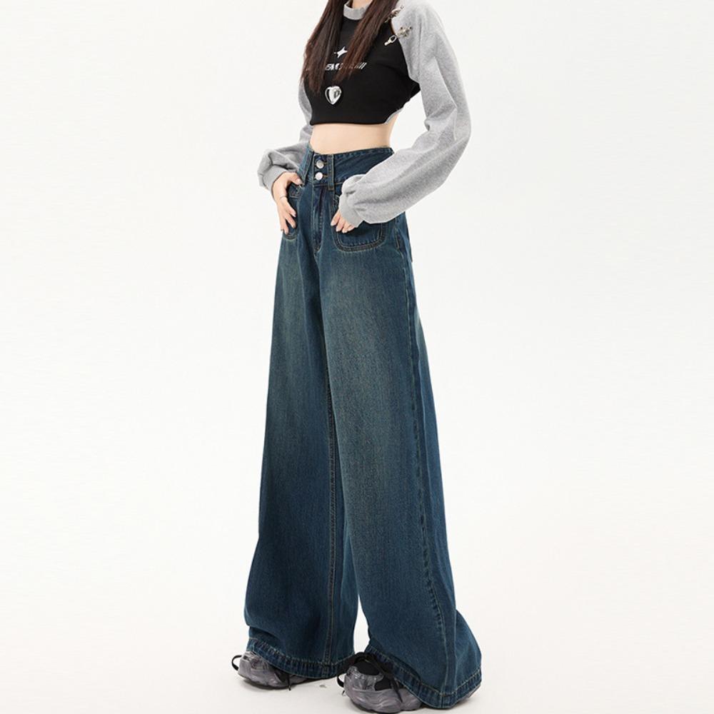Design Sense Street Fashion Mopping Jeans Women's Spring and Autumn New Loose and Skinny Wide Leg Pants Tide