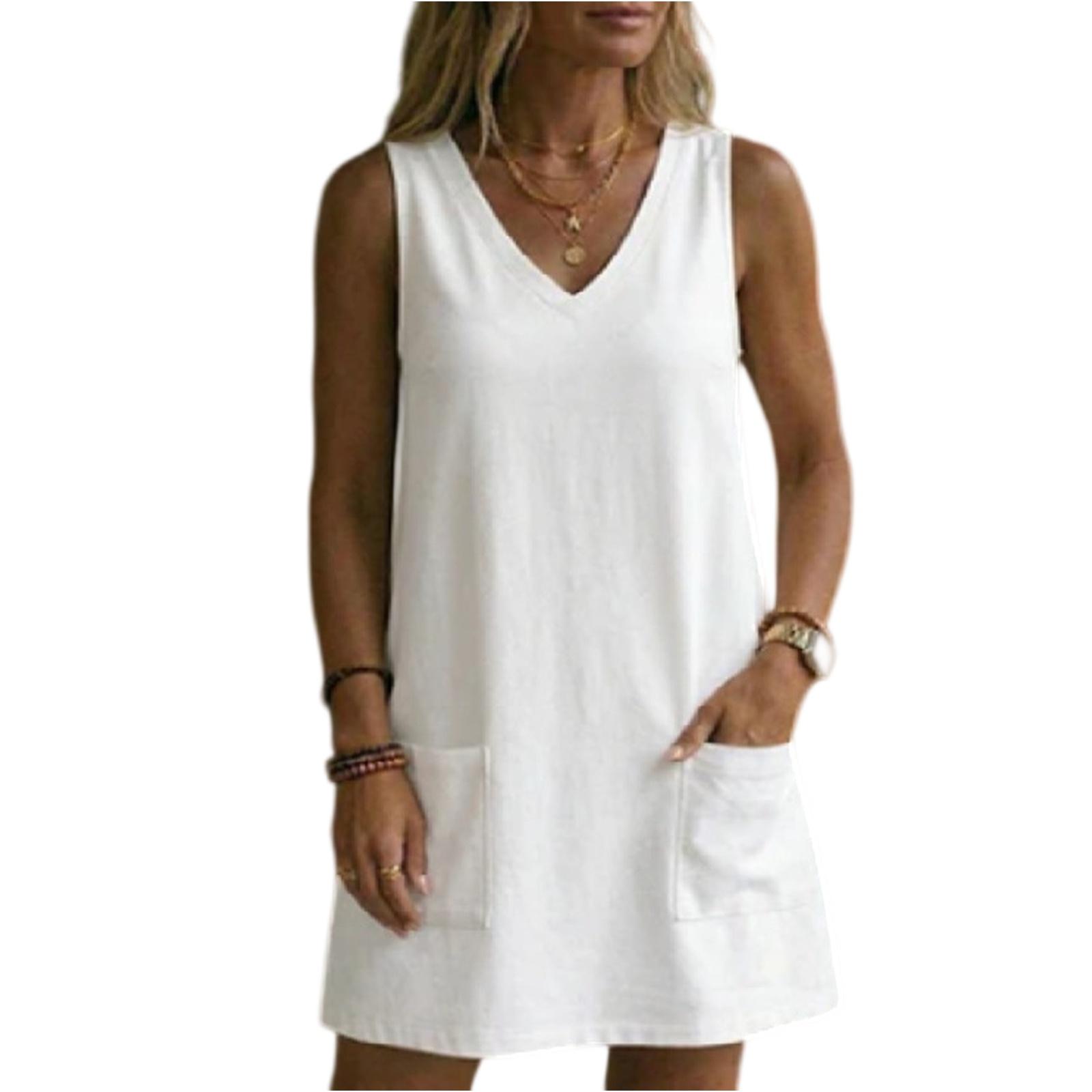 

Fashionable Women s V-Neck Sleeveless Pocket Linen Dress L білий