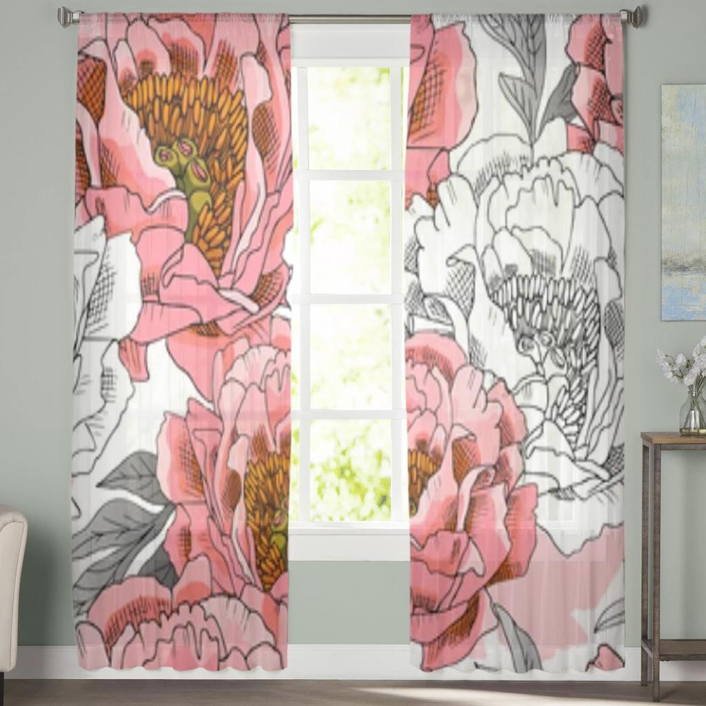 Sketch Flowers Chiffon Sheer Curtains For Living Room Bedroom Decoration Window Tulle Curtains Drapes