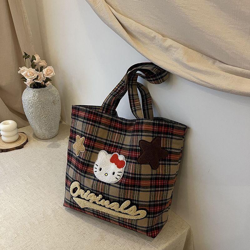 

Shoulder bag versatile canvas bag plaid retro cute girl new large capacity backpack commuter tote bag kt хаки