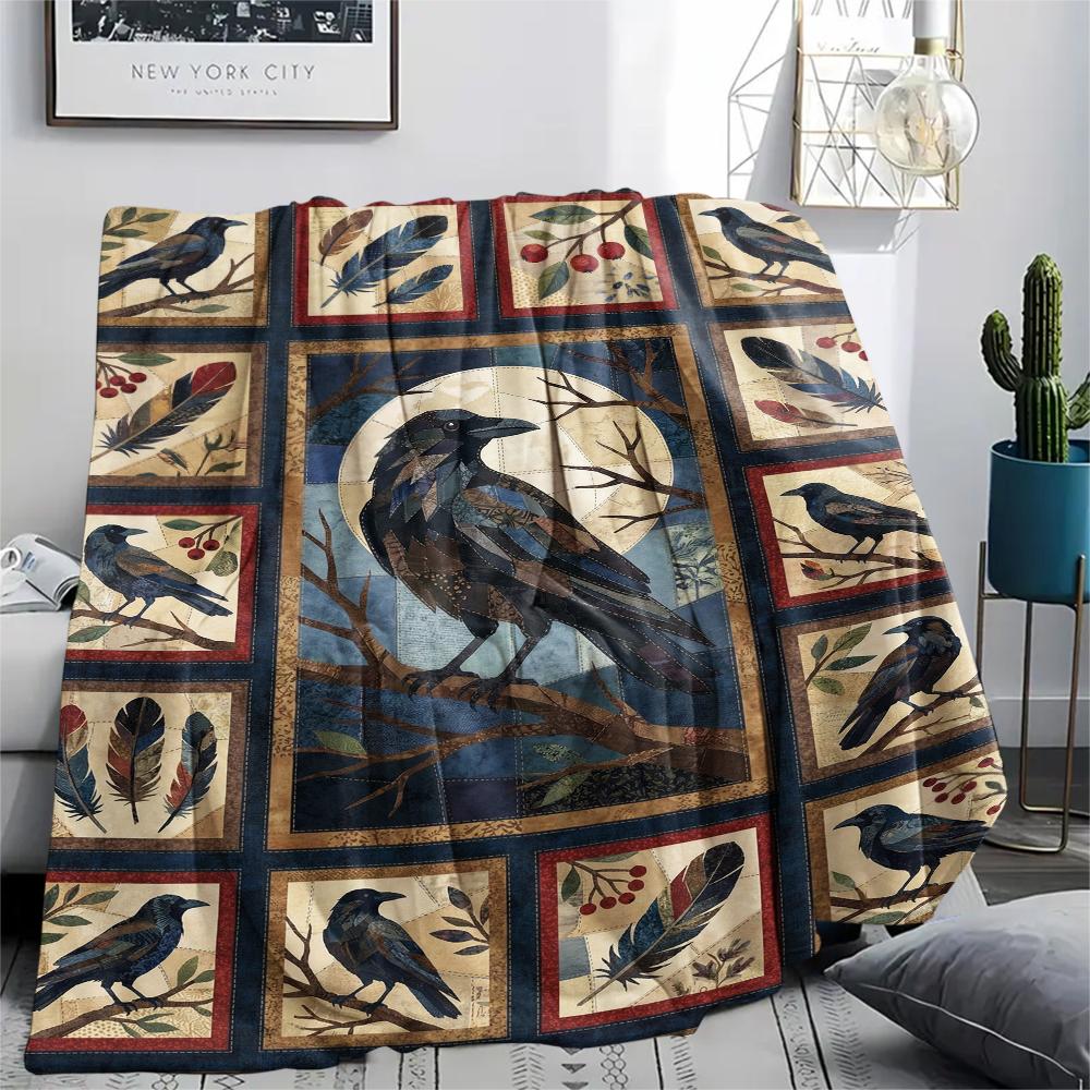 Crow Print Flannel Blanket, High quality Comfortable for All Seasons, Home Decor, Warmth and Comfort, Perfect for Christmas Gifts47