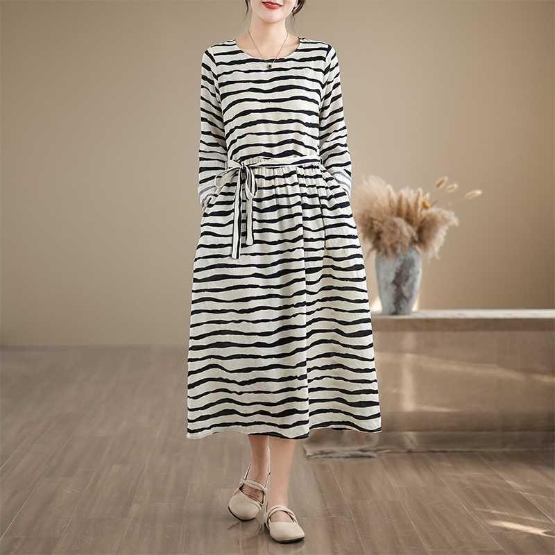 Striped Printed Round Neck Long Sleeve Tie Dress