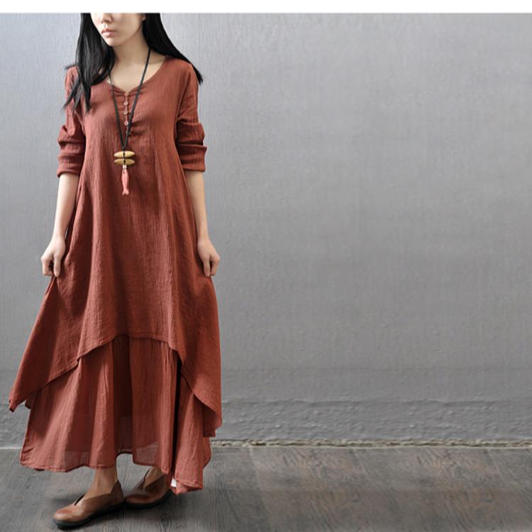 2023 High-Quality Long Two-Piece Linen Dress with Loose Sleeves