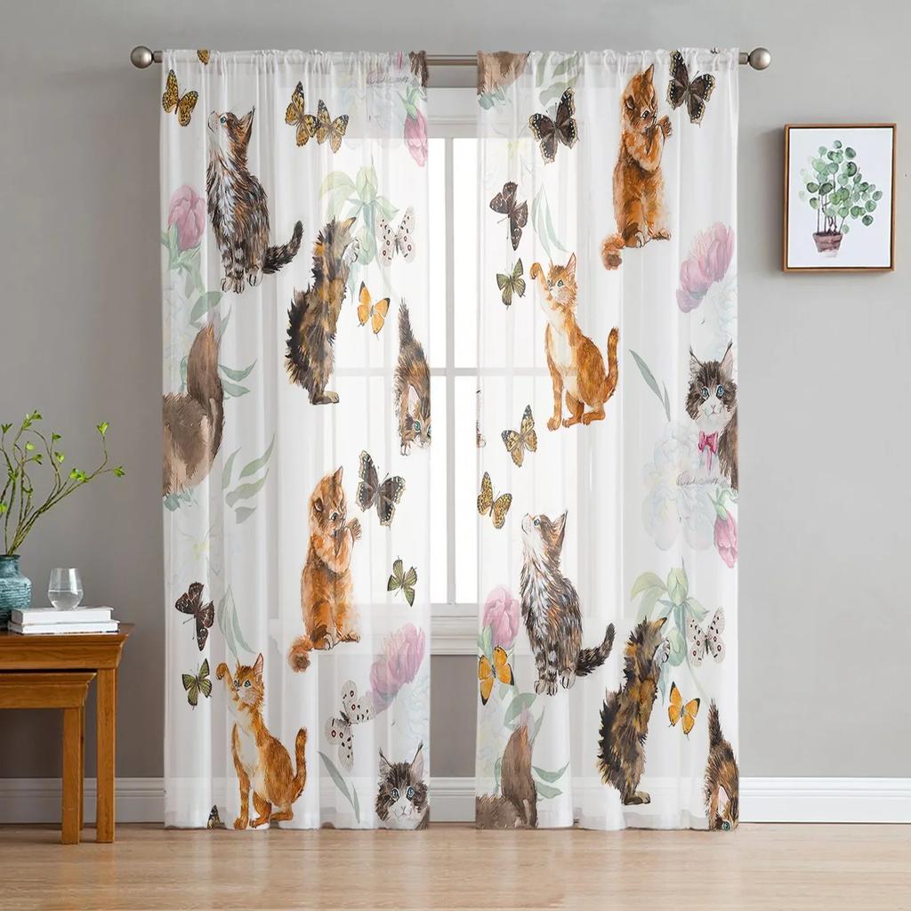 Cartoon Animal Color Cat Window Drapes Living Room Yarn Sheer Curtain Bedroom Kitchen Home Decor Drape