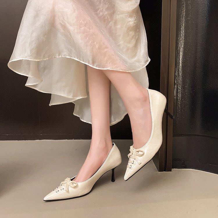 Spice Girl Style Strap Bow Design Pointed High Heels 2025 Spring New Thin Heel Shallow Mouth Sexy Single Shoes Women's Shoes