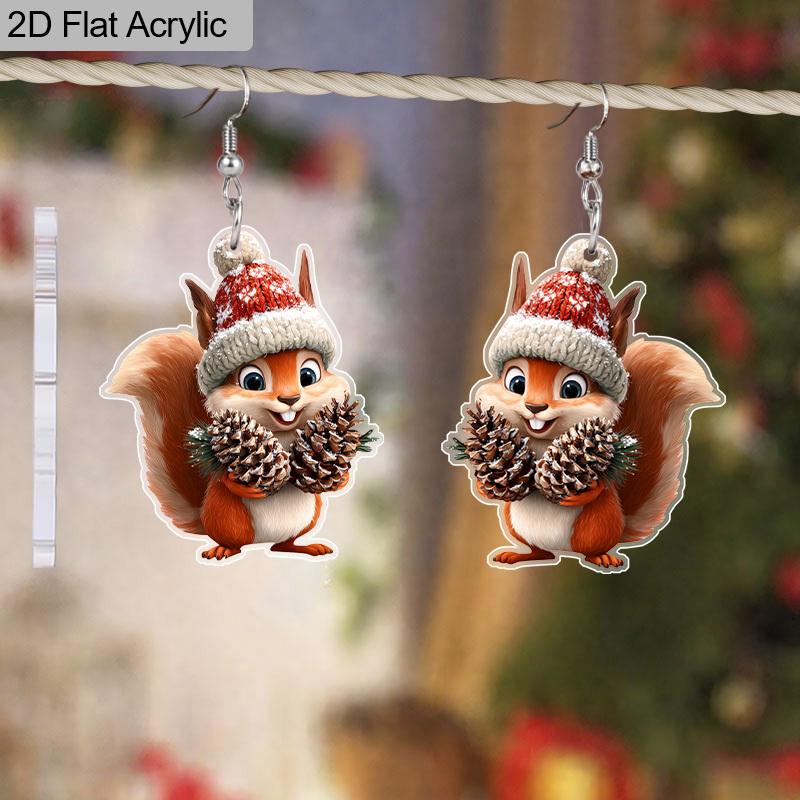 2D Flat Acrylic Cute Christmas Hat Squirrel Pinecone Pendant Earrings, Suitable As A Holiday Gift for Women, Holiday Party Decoration Jewelry.