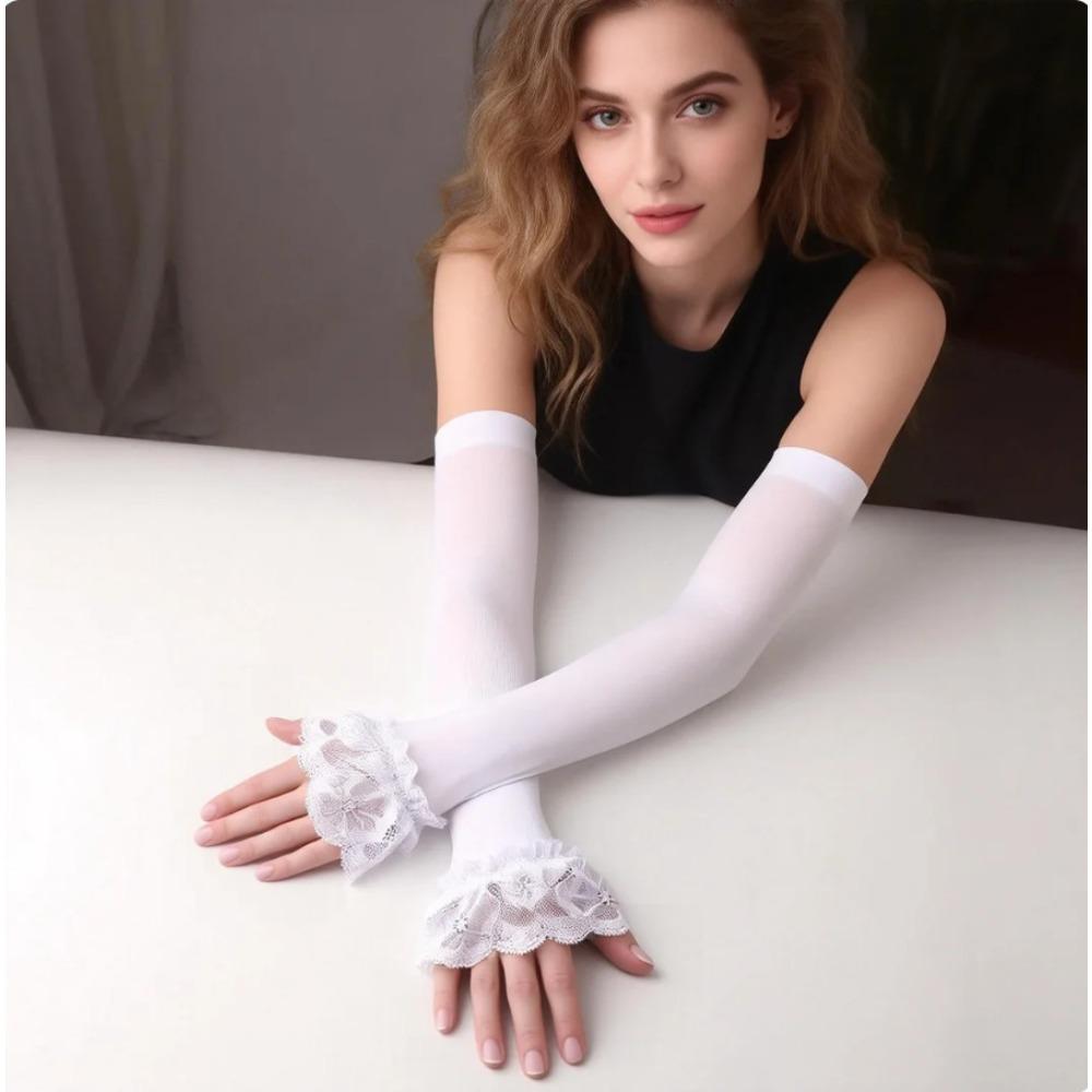 

Summer Sunscreen Ladies Long Arm Cover Outdoor Riding Ice Sleeves Hand Sleeves Sweet Lace Edge Glove Sleeves белый