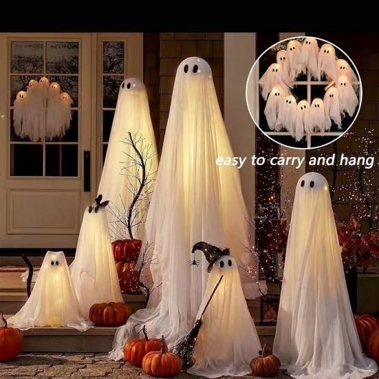 Halloween Ghost Wreath with 12 LED Lights Small Light-up White Ghost Hanging Wreath for Front Porch Door Wall Indoor Outdoor Decoration