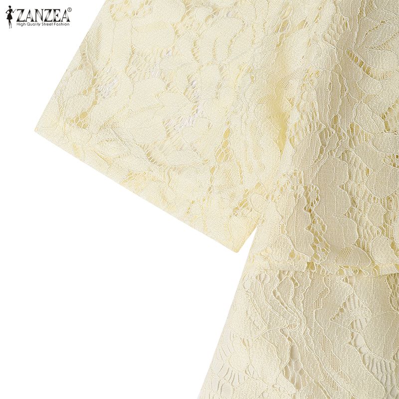 ZANZEA Women Round Neck Short Sleeve Lace Patchwork Long Dress