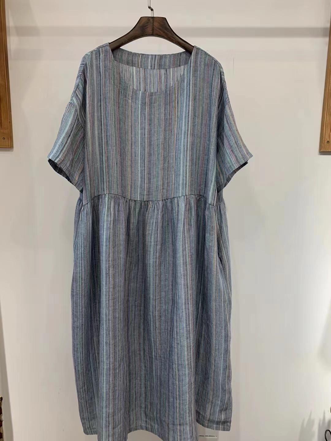 

Johnature Женское винтажное полосатое платье с круглым вырезом и короткими рукавами, летнее женское платье А-силуэта с высокой талией One Size