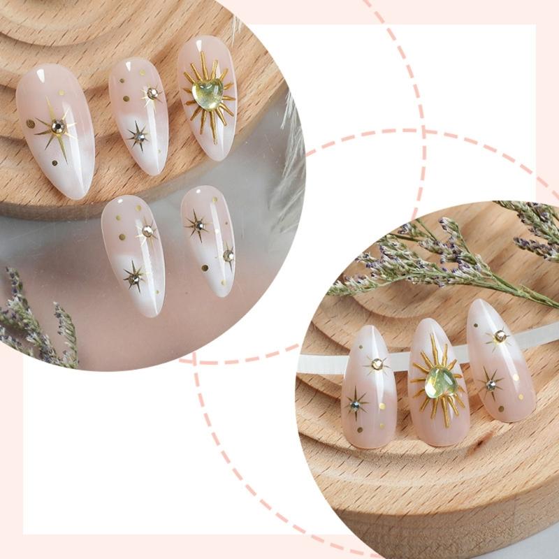 24pcs French Almond False Nail Glossy Star Moon Sun Design Gold Acrylic Full Cover Stick On Nail for Ladies and Girls