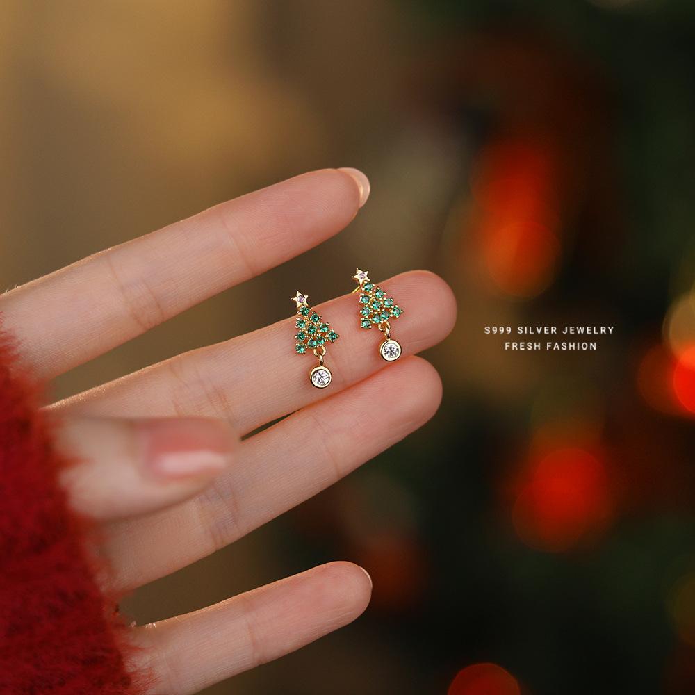 

999 Sterling Silver Fashion Green Zircon Christmas Tree Stud Earrings for Women Exquisite Christmas Jewelry Accessories золотий