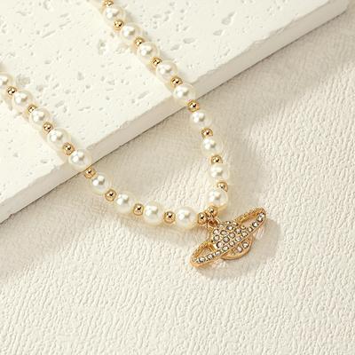 1 Retro High-end Jewelry, Fashionable and Simple Pearl Planet Necklace with Diamond Design