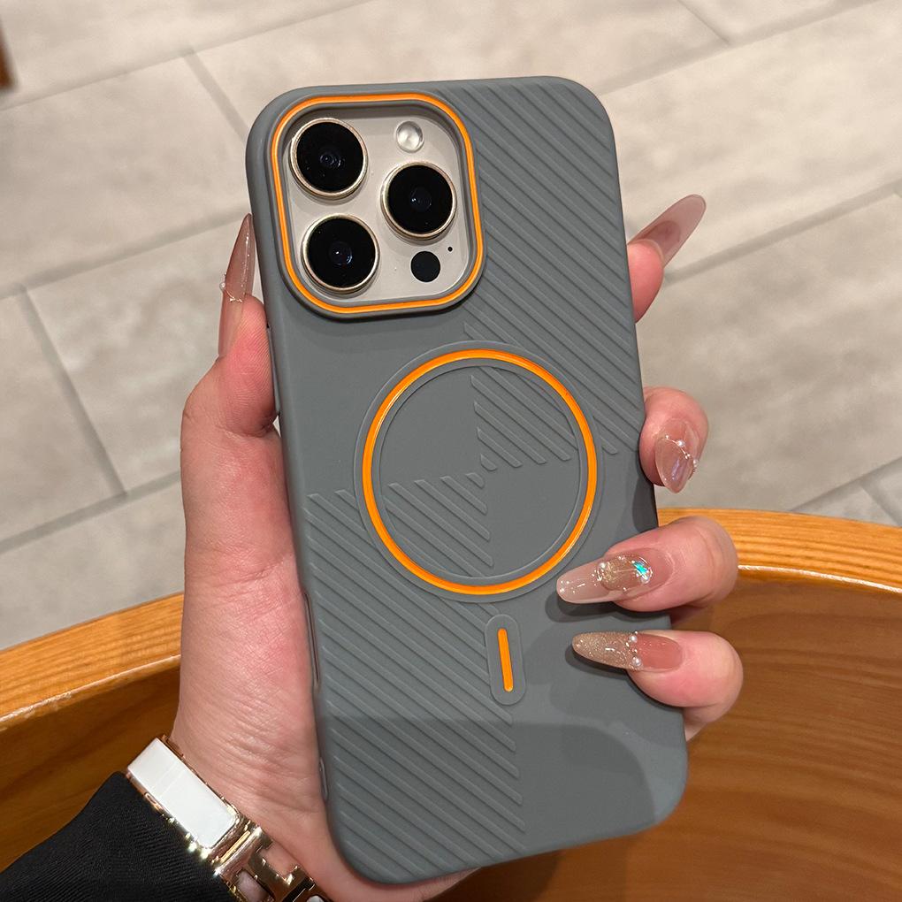 Applicable To IPhone 16 Contrasting Color Matte Thin Circle Magnetic Suction Phone Case Apple 15 Oblique Stripe Advanced Sense Protective Case 14