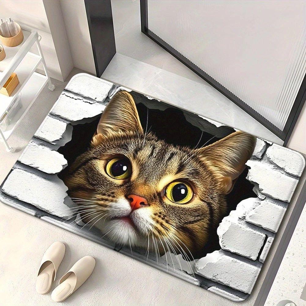 Cute Countryside Cat Printed Doormat Vintage Ethnic Style Cute Hole 2D Printed Carpet Living Room Bedroom Foyer Floor Mat
