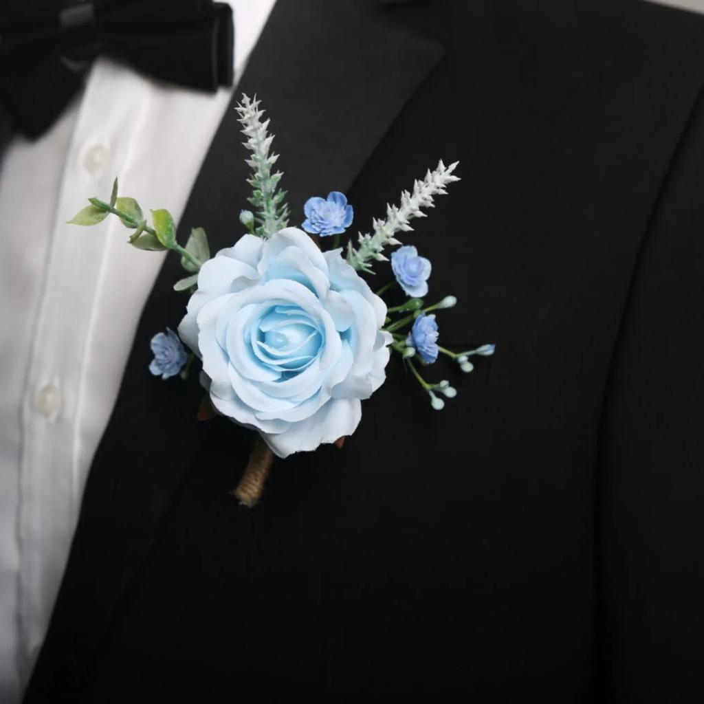 6pcs Rustic Artificial Rose Boutonniere Corsage Set Dusty Rose White Wristband Prom Suit Flowers for Wedding Ceremony