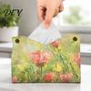 Multi Purpose Storage Leather Tissue Box Cover with Oil Painting Pattern, Foldable Desktop Organizer, Napkin Holder Dining Room Case, Facial