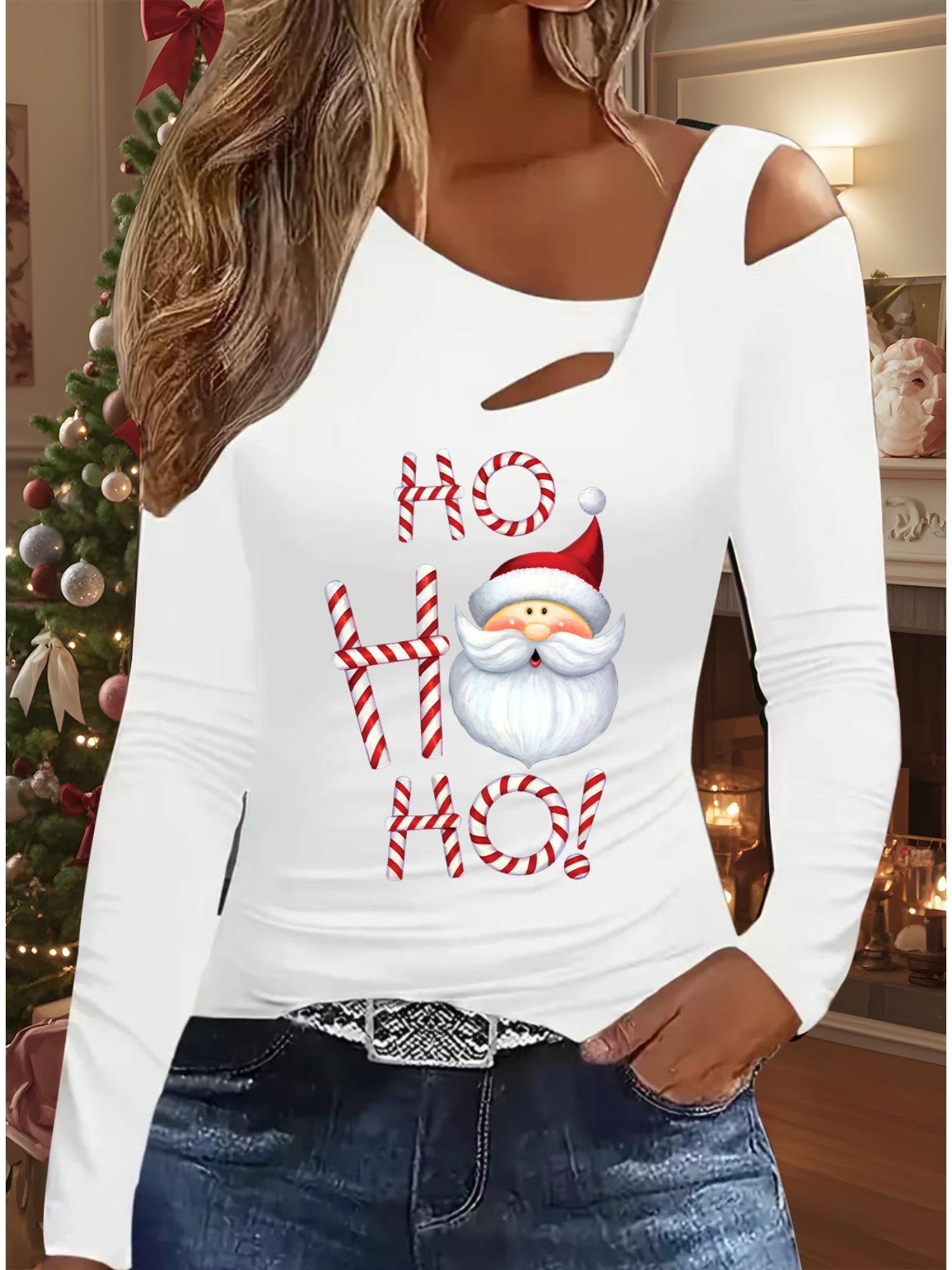 

Осень и Зима Женский Новый Повседневный Топ с Длинным Рукавом Рождественский Узор Идеальный Подарок на Хэллоуин Рождество Футболка XXL белый