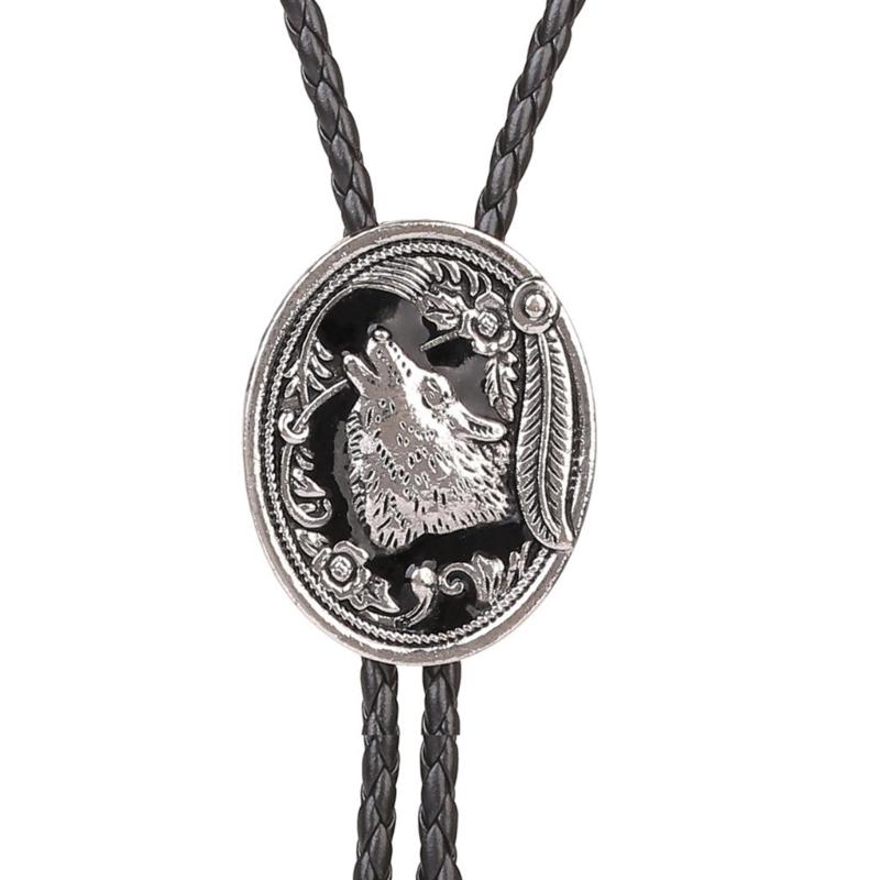 Metal Wolf Bolo Tie Wolf Necktie for Shirt Jeans Western Necklace Braided Shoestring Necktie Bolo Tie