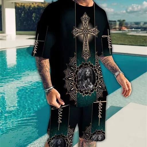 2023 Summer Men's Suit Short Sleeve T-Shirt Print Skeleton Pattern Sportswear Casual Oversized Top Shorts Breathable Sportswea
