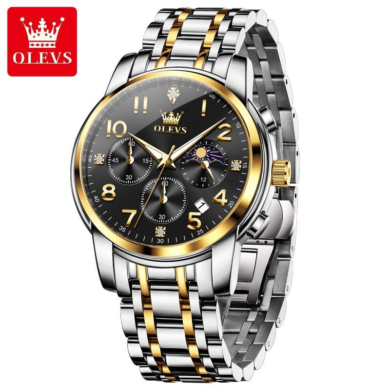 OLEVS Mulitifunction Quartz Watch for Men Original Stainless Steel Waterproof Luminous Chronograph Moon Phase Man Watch