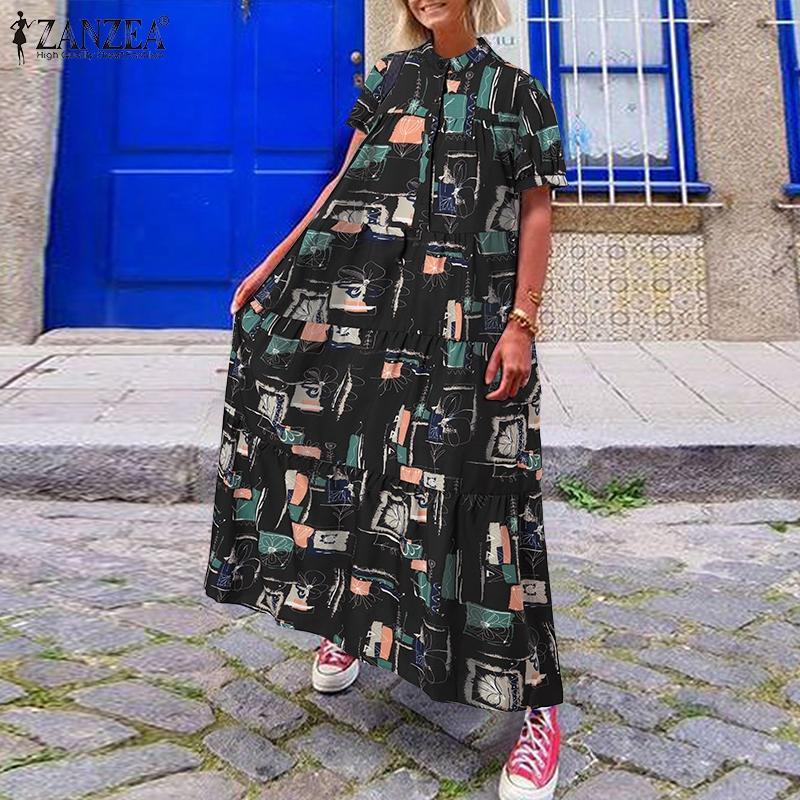 

ZANZEA Принт Повседневный O-образный вырез с коротким рукавом Летнее длинное платье