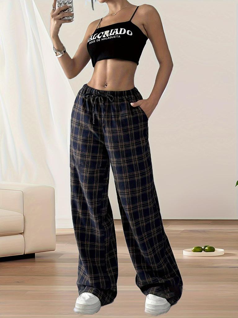 2024 Autumn/Winter Women's High-Waisted Plaid Wide-Leg Pants - Perfect for Back-to-School, Christmas, and Daily Wear