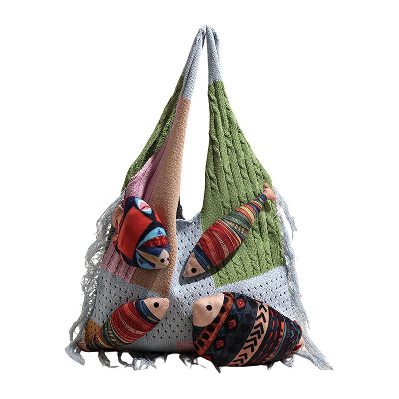 Fashion Fringe Knitted Bag - Unique Hollow Design - Small Fish-shaped Bag - Casual Vacation Style - Single Shoulder Bag