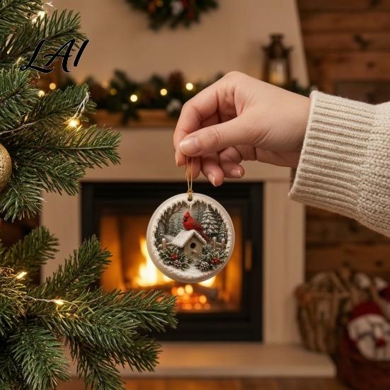 Snow Scene Xmas Decorations Acrylic Christmas Red Bird Ornament Pattern Tree Ornament Hanging Decor Retro Round Pendant for Winter Holiday