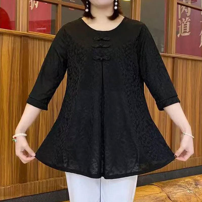 

Повседневная блузка с китайской застежкой-пуговицей, винтажная женская мода, жаккардовое переплетение, весна-осень, круглый вырез, повседневная рубашка с рукавом три четверти 6XL