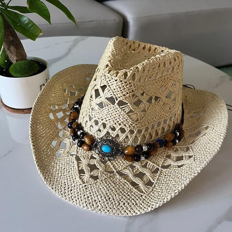 New Vintage Summer Beach Bohemian Straw Hat Shell Women Men Western Cowboy Hats Wooden Beads Hollow Out Sun Hat Holiday Cap