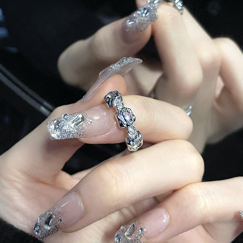 Niche Design Moonstone Chain Love Combination Stacked Open Ring Gemstone High Sense Ring Female Personality