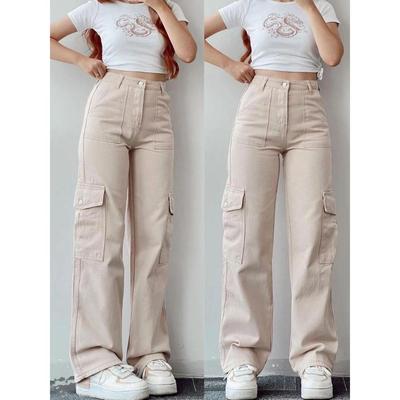 Y2K Kvinnor Vintage Cargo Byxor Streetwear Koreanska Harajuku Fallskärmsbyxor Beige Joggingbyxor vida ben Joggingbyxor