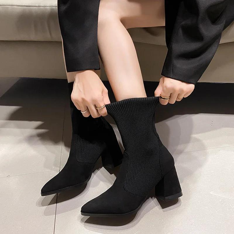 Sko Damer Mote Vinter Leopardmønster Strikkede Dame Støvletter Semsket Spiss Tå Tykk Høy Hæl Elegante Korte Støvletter Zapatos