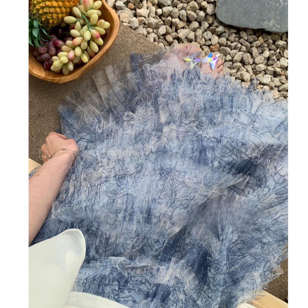 Dimanaf 2025 Summer Women New Skirts Vintage Mesh Elastic Pleated Elegant Blue Long Skirts Lace High Waist