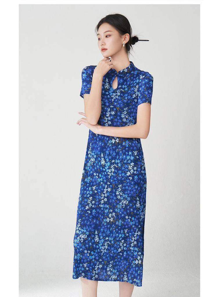 Miyake Retro Elegant Print Stand Collar Mid-Length Qipao