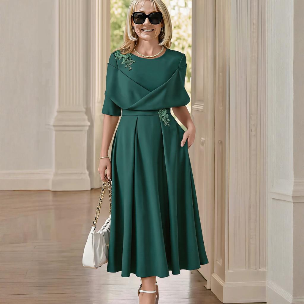 Women’s Midi Dress with Embroidered Detailing Elegant Pleated Skirt and Overlay Top Suitable for Formal Events