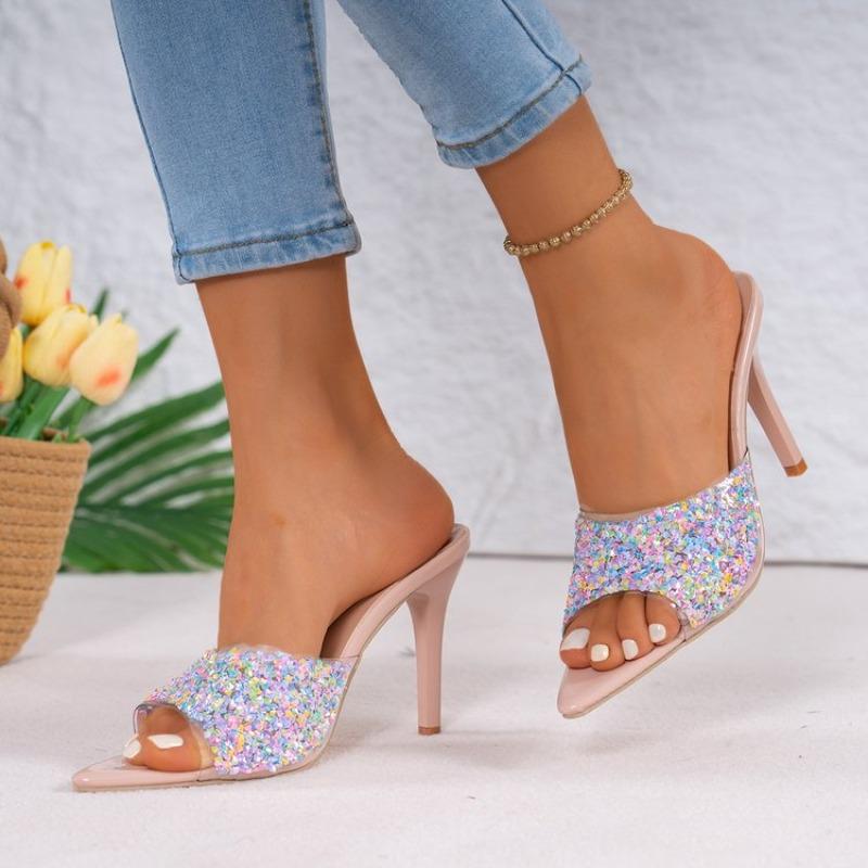 Women's High Heels Slippers Summer New Sexy Open Toe Stilettos Sandals Woman Luxury Sequined Pointed Banquet Party Pumps Shoes