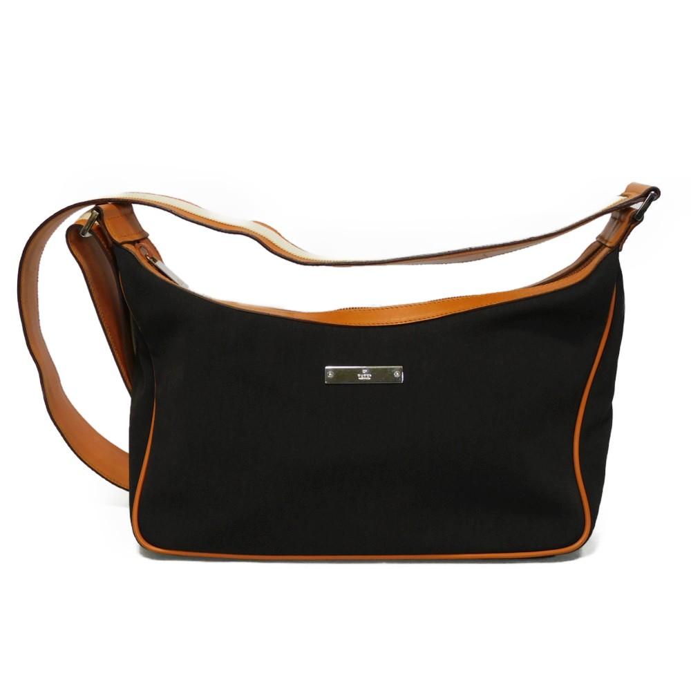 

Used 9539 Logo Plate Crossbody Bag 019 0460 7921 Calfskin Nylon Striped Cotton Pochette Dark Brown Unisex from Japan