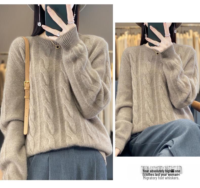 2023 Thick Cable Knit Round Neck Wool Sweater - Heavyweight, Loose Fit, Slimming Base Layer Top.