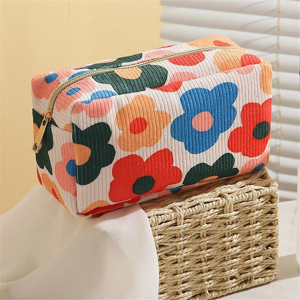 Trendy Large Capacity Corduroy Makeup Bag Travel Printed Toiletry Organizer Bag Makeup Brush Skincare Storage Bag for Women