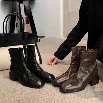 Botki damskie na niskim obcasie, buty jesienne, kwadratowe noski, grube buty bojowe na klockowym obcasie, damskie modne, wsuwane botki typu Chelsea z bocznym zamkiem błyskawicznym