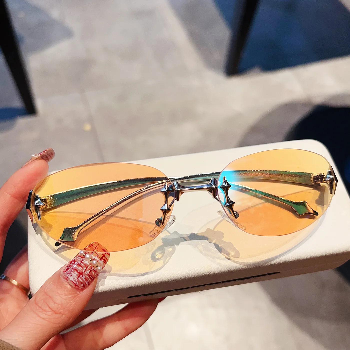 

Y2K Vintage Luxurious Brand Style Designer Rimless Oval Shape Sunglasses Women For Men Sun Eyeglasses Punk Popular Rivet Star Small Shades UV400