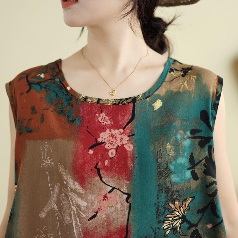 Yeni A kesim İnce Bol Kadın Tişörtü Çin Tarzı Baskılı Üst Çok Yönlü Zarif Askılı Üst