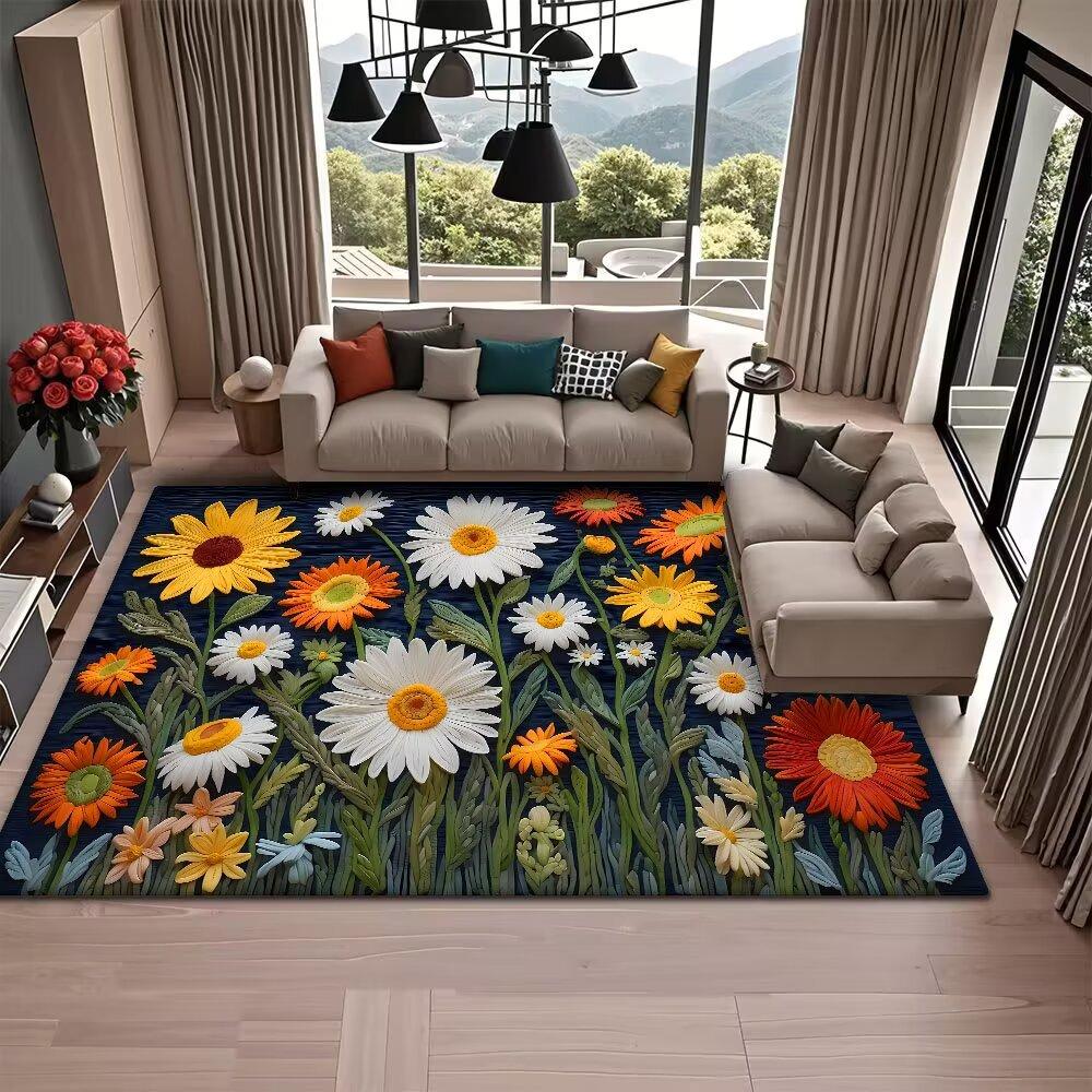 American Style Retro Flower Living Room Carpet Sunflower Decoration Coffee Tables Fluffy Rugs Dining Room Aesthetic Floor Mat