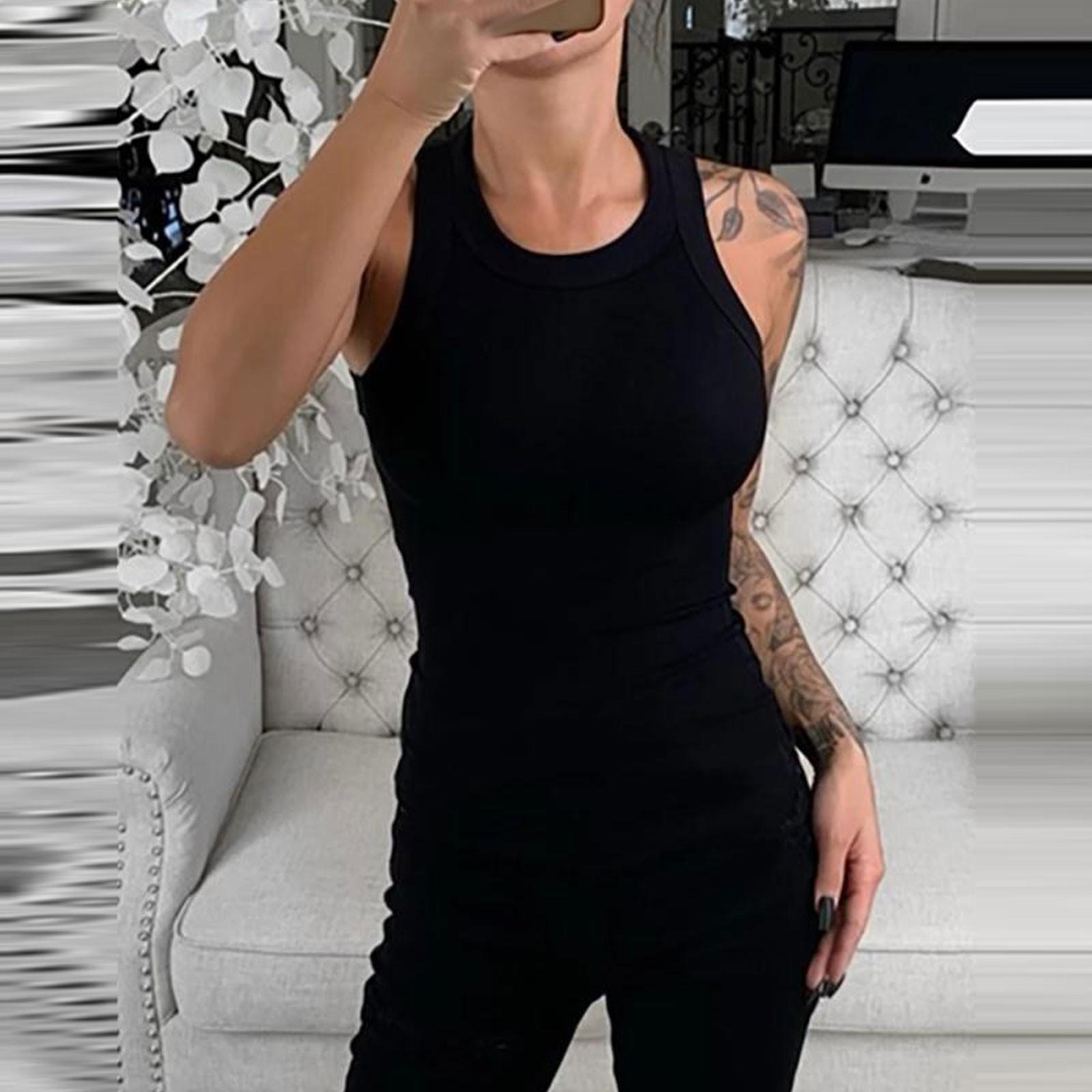 

Женская летняя мода, повседневный однотонный топ без рукавов с круглым вырезом, узкая майка S чёрный