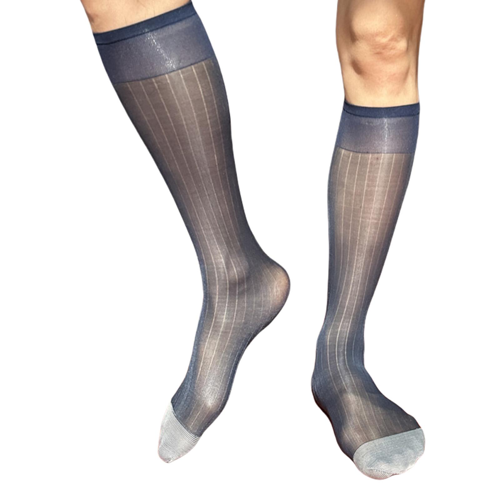 Men s Elegant Dress Socks Silver Toe Accent Fine Striped Pattern Sheer Nylon Stockings for Business and Formal Use