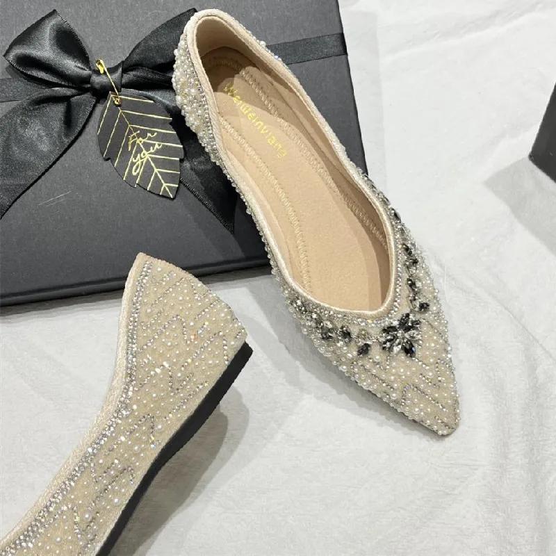 Fashion Luxury String Bead Rhinestone Brand Flat Shoes Women Comfort Square Toe Shallow Design Shoes Fashion Elegant Wedding Bridal Shoe